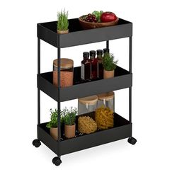 Relaxdays Carrito Auxiliar Ruedas, Carro Cocina 3 Niveles, Camarera, Verdulero, Baño y Oficina, 65x39,5x21,5cm, Negro