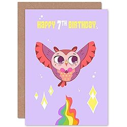 Wee Blue Coo Kawaii Owl Flying 7th Birthday Greeting Card With Envelope Blank Inside Premium Quality