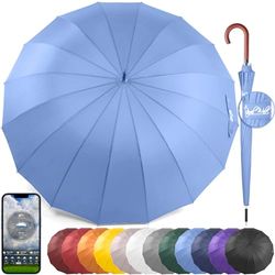 Royal Walk Winddichte Grote Paraplu voor Regen 54 Inch Automatisch Open Voor 2 Personen XXL Golf Klassieke Windvaste en Stormvaste Regenparaplu met Houten Handvat en Sterke 16 Ribben 120 cm Lichtblauw