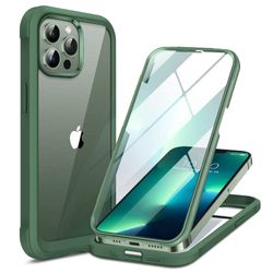 Miracase Compatibel met iPhone 13 Pro Case 6,1 inch, [Ingebouwde glazen schermbeschermer] Full Body Rubber Bumper Clear Back Case Cover (Alpine Green)