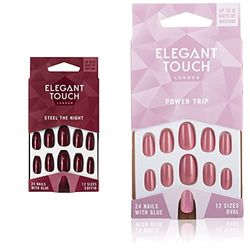 Elegant Touch Colour False Nails, Steel the Night, Oval Shape (previously known as After Dark), 24 Nails with Glue included & Colour Nails - Power Trip - Shimmer Dusky Rose - Oval Shape