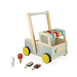 Janod J08049 - Wandelwagen van hout - Inclusief 4 ijsjes - Stille wielen - Anti-kantelsysteem - FSC-gecertificeerd - Waterverf - vanaf 1 jaar J08049