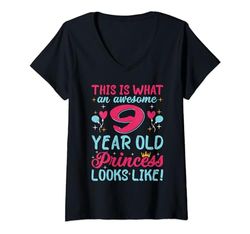 Mujer Awesome 9 Year Old Princess Looks Like 9 Cumpleaños Camiseta Cuello V
