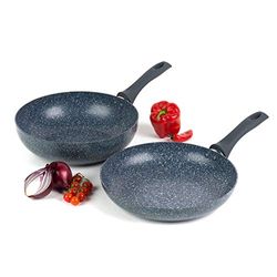 Ensemble de poêles Russell Hobbs COMBO-4840A Nightfall Stone 2 pièces - Set de poêle à frire antiadhésive, wok de 28cm, Poêle à frire pour plaque à induction, aluminium pressé, manche soft bakelite