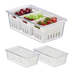 Relaxdays koelkast organizer, set van 3, stapelbaar, met bakjes & deksel, opbergbakjes voor ijskast, transparant/wit