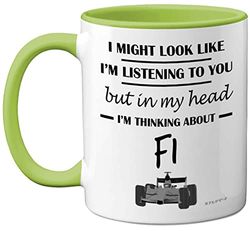 Stuff4 Formula 1 Gifts - in My Head I'm Thinking About F1 - Funny F1 Gifts for Men, Car Lover for Him, Mug, Formula One 11oz Ceramic Dishwasher Safe Green Handle Mugs Novelty Cup