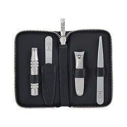 DOVO Set 4 - Luxury Care Set with Nail Scissors, Clipette Nose Hair Trimmer, Tweezers and Nail File in Leather Case