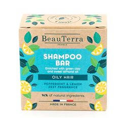 BeauTerra - Shampoing Solide pour Cheveux Gras, 75g - à l'Argile Verte et Huile d'Amande Douce - Shampoing Fabriqué en France - Eco-conçu et Zero Déchet