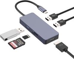 Tymyp Concentrador USB C, Adaptador multipuerto, Distribuidor USB 6 en 1, Compatible con Air/Pro/iPad/Surface/Otros Dispositivos Tipo C, HDMI 4K, USB 3.0, 2 USB 2.0, SD/TF 2.0