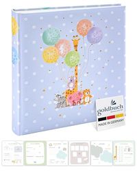 goldbuch 15 403 babyalbum balloon party, babyboek 30 x 31 x 4 cm, fotoalbum met 58 witte blanco pagina's en 4 geïllustreerde pagina's, omslag van kunstdruk met diermotief, album, fotoboek blauw