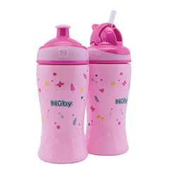 Nuby - Dubbelpack no-spill Flip-It Drinkfles met rietje 360ml + Pop-Up Drinkfles 360ml voor kinderen - Zonder BPA - Roze - 360 ml - 12+ maand & 18+ maand