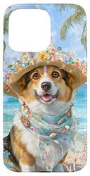 Corgi Dog in Summer Beach Hat and Scarf Case for iPhone 15 Pro Max