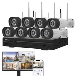 NIVIAN Profesjonalny zestaw kamer monitorujących SuperHD WiFi z 8 kamerami IP i rejestratorem 16CH - dla domu i biznesu - Noktowizor, wykrywanie człowieka AI, dwukierunkowy dźwięk, łatwa instalacja
