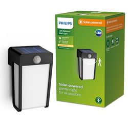 Philips Shroud, Applique murale solaire d'extérieur, 2,3 W, 2700 K, noire, verre opaque, détecteur de mouvement, IP44 résistante aux intempéries