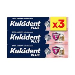 Kukident Plus Lot de 3 tubes de crème adhésive alimentaire pour prothèses totales et partielles, goût neutre, 3 x 35 g