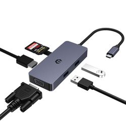 HUB Adaptateur USB C, HUB USB C, hub USB HDMI VGA 4k, Adaptateur 6 en 1 avec USB A, USB 2.0, Lecteur de Carte SD/TF Compatible avec Les Ordinateurs Portables Mac, Windows et iOS