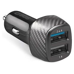 SBS caricatore portatile da 12W con finitura alluminio, caricatore auto con 2 uscite USB, caricabatterie per cellulari e tablet iPhone, Samsung, Xiaomi, Oppo