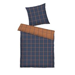 Tom Tailor Flannel Bed Linen 70 x 90 cm + 140 x 200 cm, 100% Cotton/Flannel with Reversible Motif and Coloured Brand Zip, Large Check Blue, Brown (Dark Navy & Rusty Red)