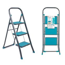 Beldray LA024510TQ 3 Step Ladder - Non-Slip Folding Ladder, Approx 2.5m Reach Height, Wide Steps, Carry Handle, Strong Steel With Safety Clip, Compact Storage, For Cleaning & DIY, Turquoise/Grey