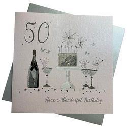 Wit Katoen Kaarten Gelukkig 50, Handgemaakte Grote 50e Verjaardag Kaart (Coupe Glas)