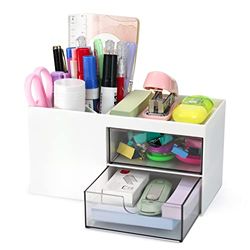 MDHAND Organiseur de bureau avec 3 compartiments et 2 petits tiroirs, fournitures de bureau et accessoires de bureau, organisateur de bureau pour garçons, filles et enfants, blanc