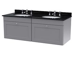 nuie CLC294BR6 Classique Wall Hung 2 Drawer Unit & 3 Tap Hole Double Marble Top with Round Basin, 1200mm, Satin Grey/Black