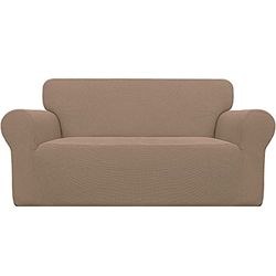 Easy-Going Stretch Sofa Slipcover 1-Piece Sofa Cover Furniture Protector Couch Soft with Elastic Bottom Anti-Slip Foam Kids, Spandex Jacquard Fabric Small Checks(loveseat,Camel)