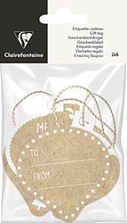 Clairefontaine 617073C - Un Lot De 12 Étiquettes Cadeaux Noël Avec Ficelle - Kraft 100% Recyclé - 6 Designs Différents x2 - Dimensions : 6x7cm - Forme : Boule De Noël, Blanc/Kraft - Étiquettes Cadeaux