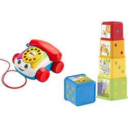 Fisher-Price - Teléfono Carita Divertida - Juguetes Bebe 1 año - (Mattel FGW66) & Bloques apila y descubre, Juguete bebé (Mattel CDC52)