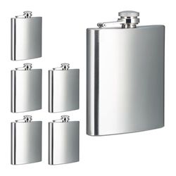 Relaxdays heupfles, set van 6, 200 ml, voor onderweg, relatiegeschenk, platvink voor jaszakken, heupflacon rvs, zilver