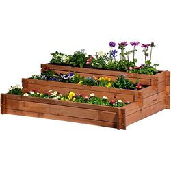 dobar® 58180FSC Upphöjd bädd Peru blomsäng i tre nivåer | örtrabatt i massivt trä plug-in system | stor blomtrappa inkl. växtfleece | planteringstrappa, 3 nivåer | 110 x 88 x 36 cm | brun