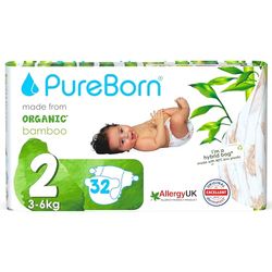 PureBorn Eco Organic Bambusowe pieluchy, Rozmiar 2 (3-6 kg), 32 sztuki, Hipoalergiczne, Ultra miękkie, Ekologiczne, Różne Nadruki, Wskaźnik Wilgotności