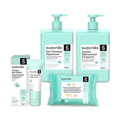 Suavinex, Pack Cosmética Gran Formato. Incluye: Gel-Champú Espumoso 750 ml + Loción Hidratante 750 ml + Crema Pañal 75 ml + Pack Toallitas 25 uds. Pack Bebé Recién Nacido, 4 productos