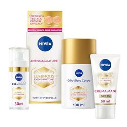 NIVEA Luminous630 Anti-Macchie Trattamento Avanzato Cofanetto con Siero Viso 30 ml, Crema Mani 50 ml e Olio-Siero Corpo Antismagliature 100 ml per il trattamento delle macchie – Kit Esclusiva Amazon