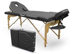 QUIRUMED Elite Inklapbare Houten Massagetafel, Kleur Zwart, 194 x 70 cm, Massagebed, Kunstleer, Inklapbare Rugleuning, In Hoogte Verstelbaar, Afneembare Hoofdsteun, Gezichtsgat, 2 Secties, Tot 150 kg