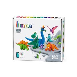 HEY CLAY Dinos Set - Colorato Modellazione Bambini - Air Dry Clay Kit 15 lattine e strumenti di scolpire con divertente app di istruzioni interattive