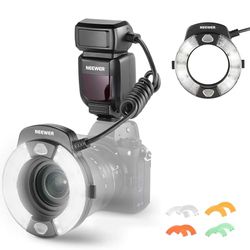 Neewer RF1-N Marco ringficklampa kompatibel med Nikon-kamera, 76 W GN15 5600 K TTL-belysning 1-1/128 utgång fram/bakre gardin synkronisera färg geler, linsadapterringar för makrofotografering