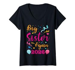 Womens Big Sister Again 2026 Baby Announcement Siblings Girls Kids V-Neck T-Shirt