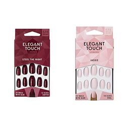 Elegant Touch Colour False Nails, Steel the Night, Oval Shape (previously known as After Dark), 24 Nails with Glue included & Jackie Oval Shape False Nails With Glue, Pack of 24