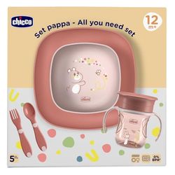 Chicco Coffret Repas, Contient 1 Tasse, Lot de 1 Bol et 1 Assiette Plan et Couverts, Fourchette et Cuillère, Set Sevrage Enfants, 12M+, Rose
