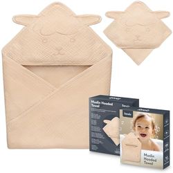 LIONELO MUSLIN HOODED TOWEL Ręcznik Muślinowy z Kapturem dla Niemowląt po Kąpieli 80x80 cm, Oddychający Miękki Ręcznik Kąpielowy Dziecięcy Naturalna Tkanina 6 Kolorów (Beżowy)