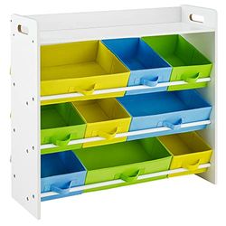 SONGMICS Étagère pour Jouets Enfants, 9 Paniers Amovibles Multicolores en Tissu Non-tissé, Organiseur, pour Salle de Jeux, Cadre en Bois, Blanc GKR31WT