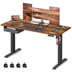 VASAGLE Scrivania Regolabile in Altezza, Scrivania Elettrica, Piano del Tavolo 60 x 140 cm, Regolabile in Continuo, Funzione di Memoria con 4 Altezze, Marrone Vintage e Nero LSD114X01
