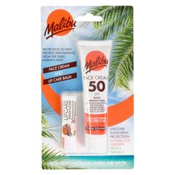 Malibu Sun SPF 50 Face Cream and SPF 30 Lip Balm Duo, High Protection Sun Cream, Water Resistant, Vitamin Enriched, 2 pack