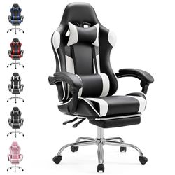 Sweetcrispy Chaise de Bureau pour Jeux vidéo, Ergonomique avec Repose-Pieds, Soutien Lombaire, PU Cuir, accoudoirs Fixes, réglable en Hauteur, Rotation à 360°, pour Adultes, Blanc