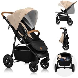 LIONELO Natt Poussette Canne Bébé jusqu’à 22 kg, Réglages de la Poignée et du Dossier jusqu'à la Position Allongée, Ceintures de Sécurité à 5 points, Grandes Roues Tout-terrain Auvent XXL (Beige)