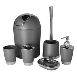 Bathlux Set med 6 badrumstillbehör i modern design, toalettborste, soptunna, tvålkopp, tandborsthållare, tvåldispenser, sköljkopp (grå)