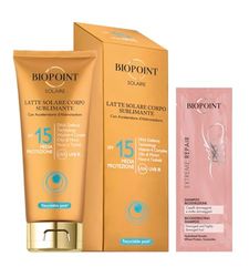 Biopoint Solaire - Latte Solare Corpo Sublimante con Acceleratore di Abbronzatura, Dona una Pelle Dorata e Luminosa, 200 ml con Campioncino Shampoo Extreme Repair 10 ml