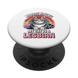 Divertido Lesbianas Gato Orgullo LGBTQ Retro Rainbow Humor PopSockets PopGrip Adhesivo