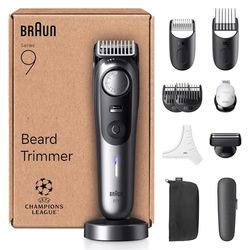 Braun Beard Trimmer Series 9, +11 Barbering Tools, Power Boost & Lifetime Sharp ProBlade, 180 Min, with Fade, 52 Lengths, PrecisionWheel & Lock, Waterproof, BT9545, Chrome